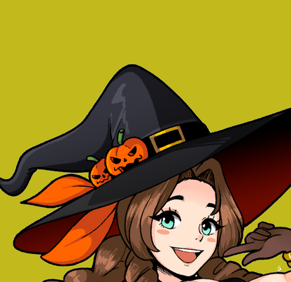 Animated witch character with a broom on a green background